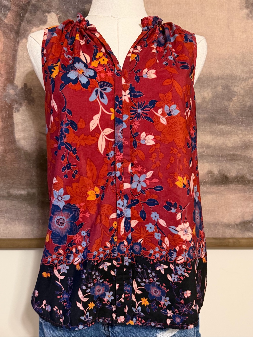 Market & Spruce Burgundy Floral Sleeveless Blouse with Navy Contrast